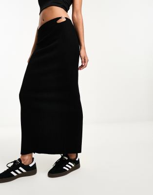 Bershka cut out buckle detail knitted midi skirt in black