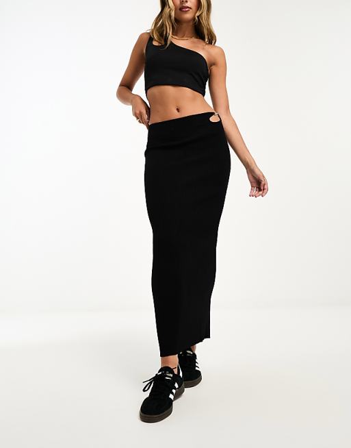 Bershka cut out buckle detail knitted midi skirt in black | ASOS Bershka cut out buckle detail knitted midi skirt in black | ASOS
