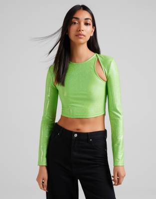Bershka Bershka cut out crop top co-ord in high shine bright green