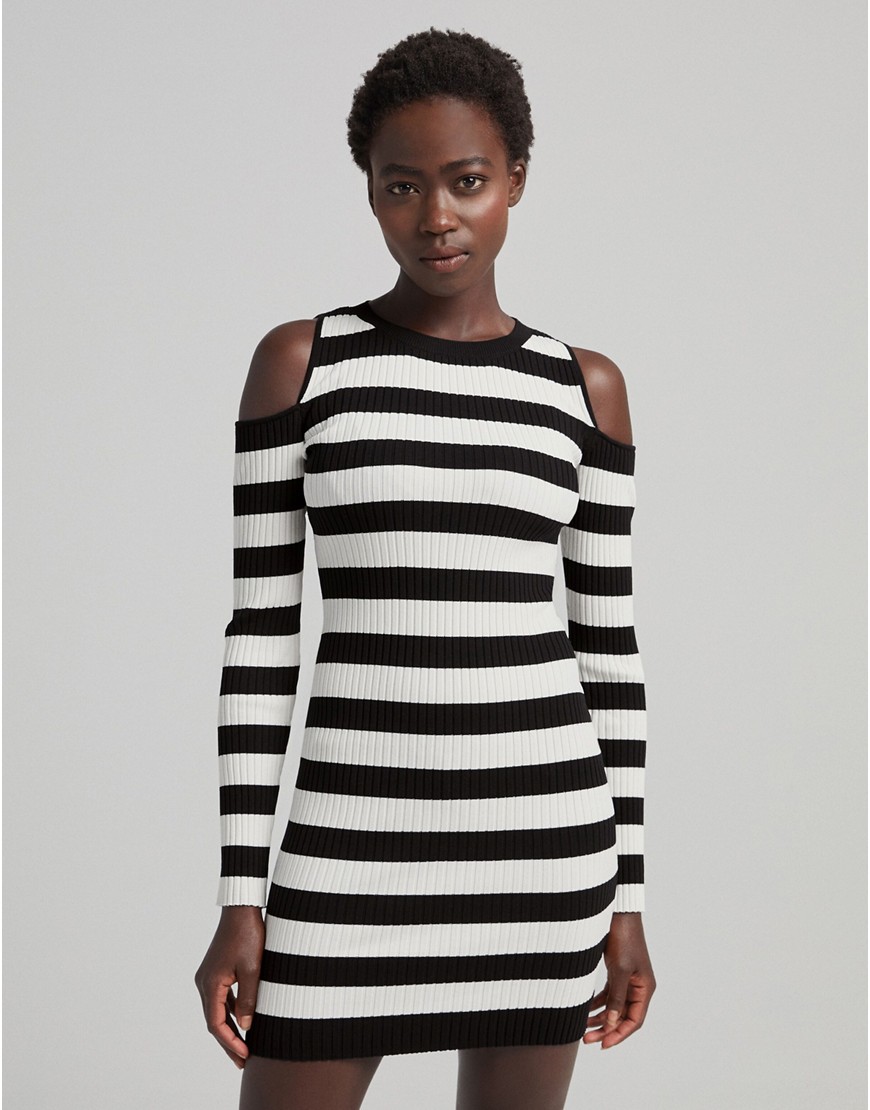 Bershka cut out detail fine knit sweater dress in mono stripe-Multi