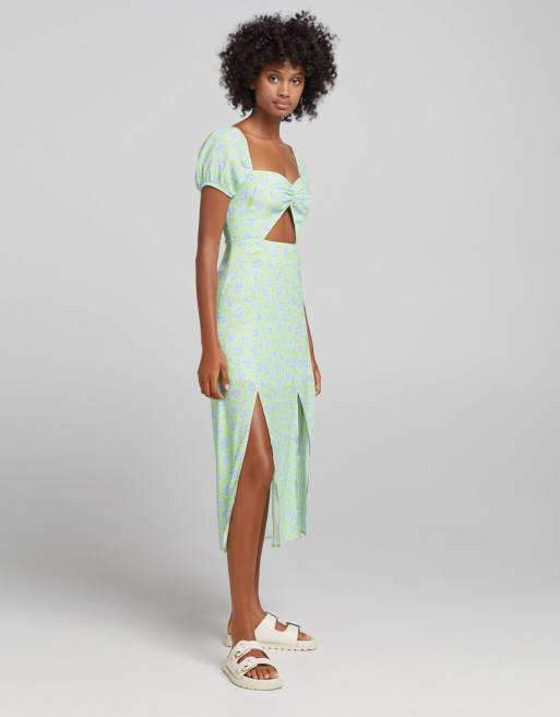 bershka floral midi dress Bershka Strappy Maxi Dress In Ecru And Blue Floral-multi
