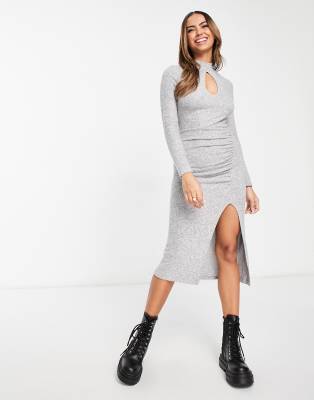 Bershka cut out detail ruched midi dress in grey - ASOS Price Checker