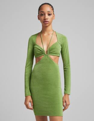 Bershka cut out detail square neck mini dress in green