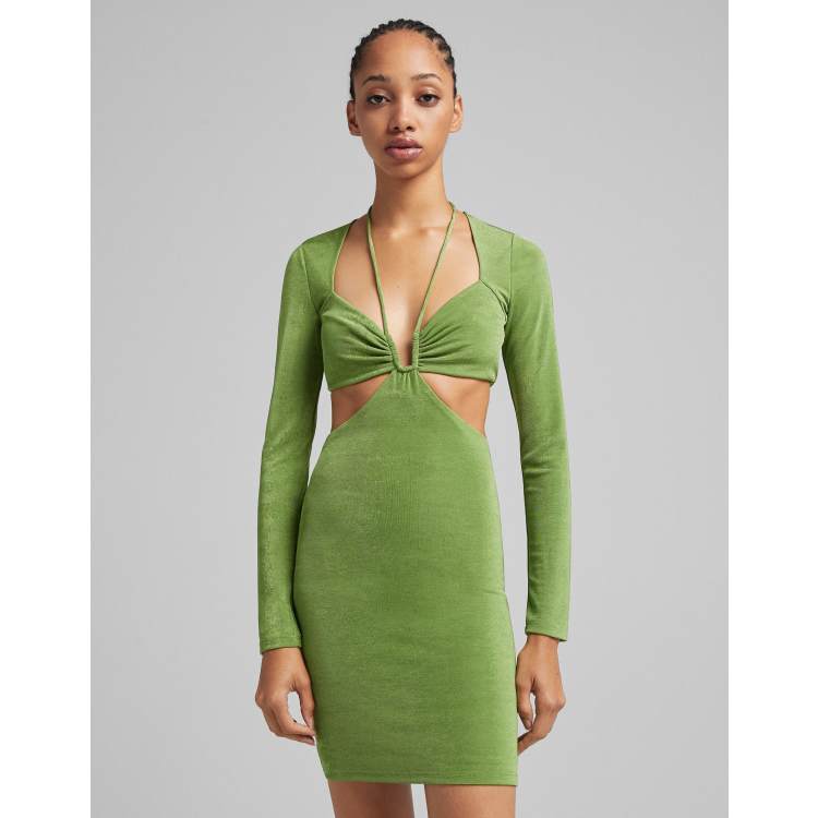 Bershka cut out detail square neck mini dress in green | ASOS