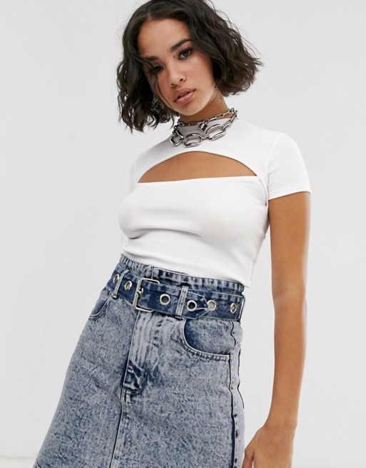 Bershka Cut Out Front Top In White Asos