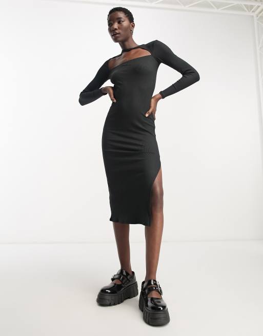 Bershka cut out neck ribbed bodycon midi dress in black these neutral coloured shorts from ClassicfuncenterShops