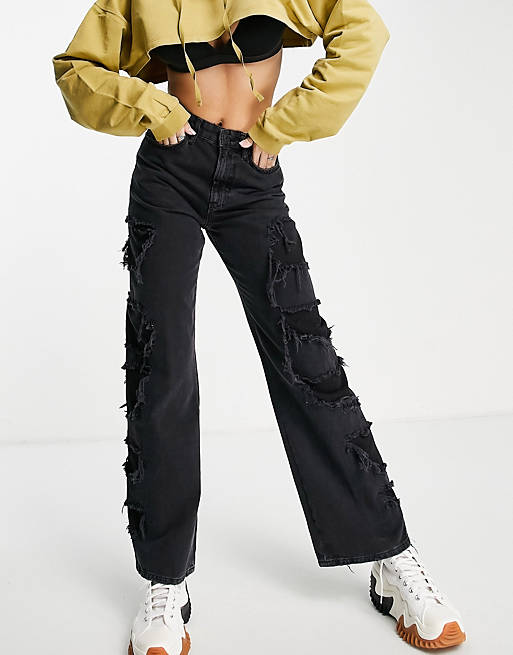 Bershka cut out ripped detail straight leg jeans in black
