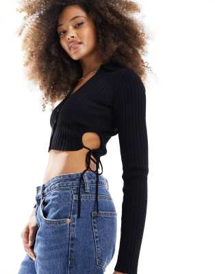 Bershka cut out side knitted polo top in black - view 1