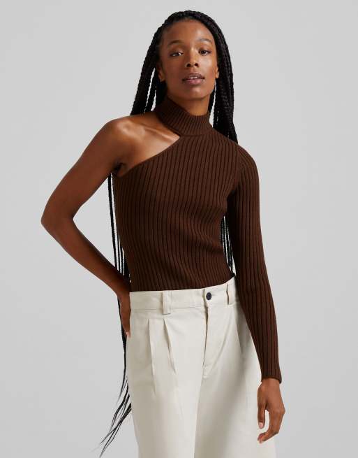 Bershka cut out sleeve detail jumper in brown