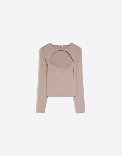 Bershka Cut-out-T-Shirt aus Polyamid in Beige, 5 von 5