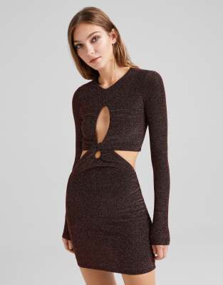 Bershka cut out twist detail glitter dress in copper-Brown