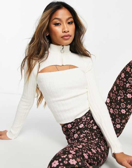 Bershka cut out zip detail jumper in ecru