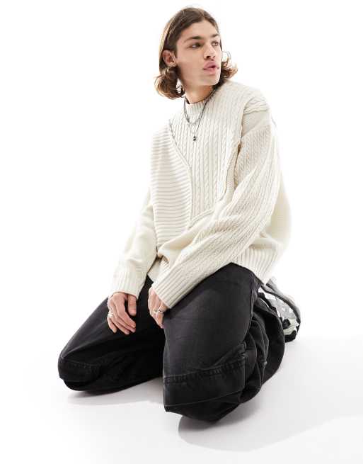 Bershka cut&sew cable knit sweater in ecru