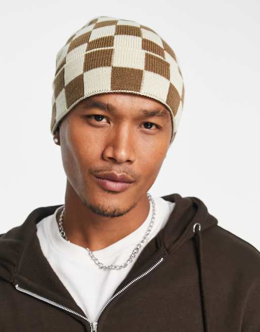 Bershka – Czapka beanie w kratę w kolorze ecru i brązowym