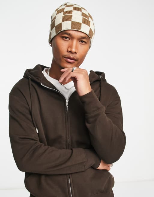 Bershka – Czapka beanie w kratę w kolorze ecru i brązowym, 3 z 4