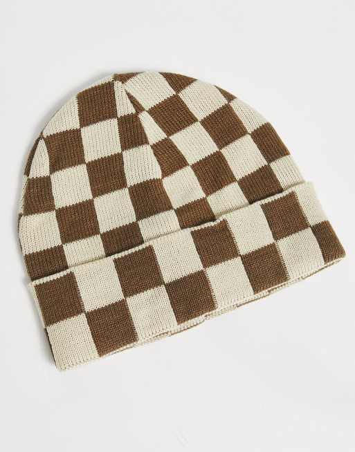 Bershka – Czapka beanie w kratę w kolorze ecru i brązowym, 4 z 4