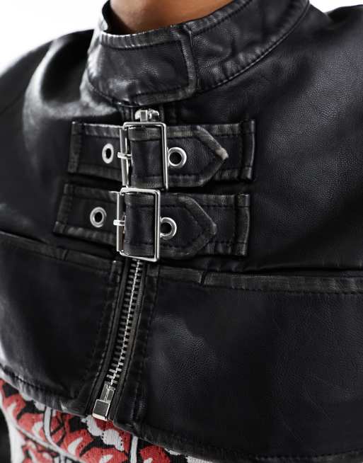 Bershka – Czarna bardzo krótka kurtka typu biker z imitacji skóry, 2 z 4