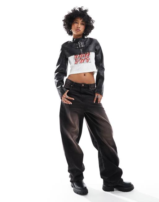 Bershka – Czarna bardzo krótka kurtka typu biker z imitacji skóry, 4 z 4