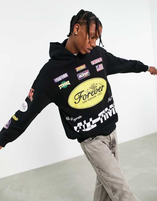 Bershka – Czarna bluza oversize z kapturem i ze wzorem z motywem motorcross