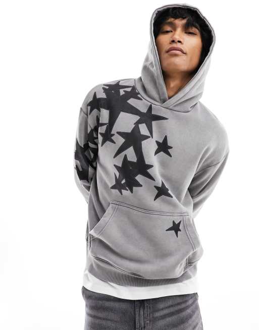 Bershka – Czarna bluza z kapturem, efektem sprania i ze wzorem w gwiazdy