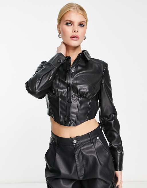 Bershka – Czarna gorsetowa koszula z imitacji skóry, 3 z 4
