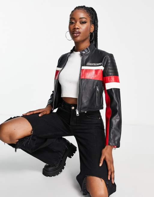 Bershka – Czarna kurtka motocyklowa o krótkim fasonie z imitacji skóry, część zestawu