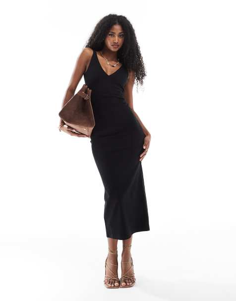 Bershka shaping plunge neck midaxi dress in black