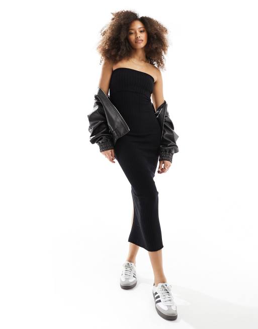 Bershka – Czarna sukienka maxi o delikatnym splocie z wywiniętym dekoltem bandeau
