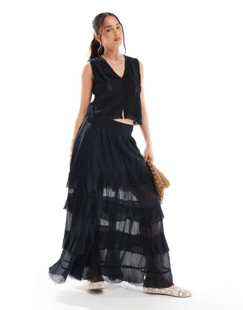 Bershka tiered maxi skirt in black 