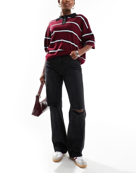 Bershka – Czarne jeansy z szerokimi nogawkami i rozdarciami na kolanach - view 1