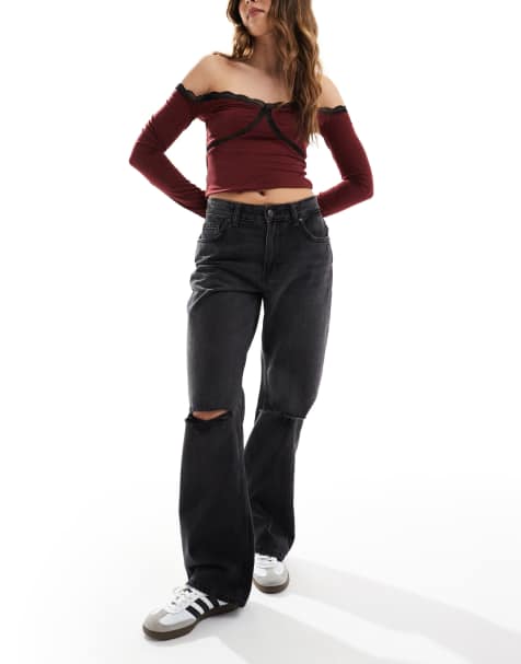Bershka – Czarne jeansy z szerokimi nogawkami i rozdarciami na kolanach - view 1