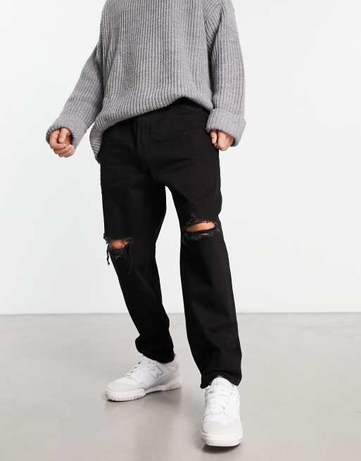 Bershka – Czarne jeansy ze zwężanymi nogawkami i rozdarciami