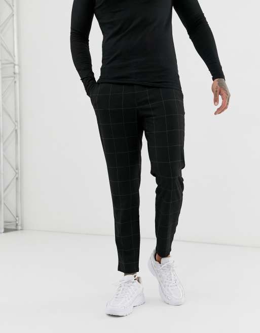 Bershka – Czarne obcisłe spodnie o skróconej długości w jasną kratę
