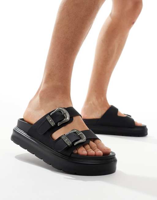 Bershka – Czarne sandały z dwoma paskami z klamrą