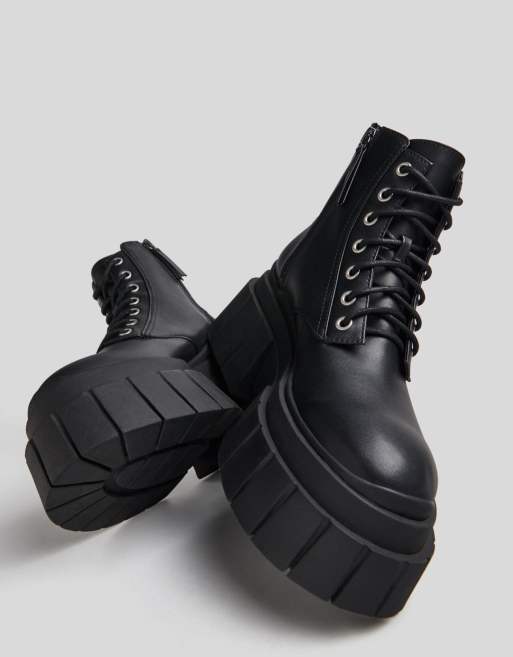 Bershka – Czarne, sznurowane buty typu biker na masywnej podeszwie, 4 z 4