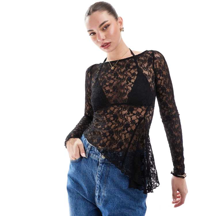 ESMOK ♡balloon tops black Bershka – Czarny, asymetryczny top koronkowy | ASOS