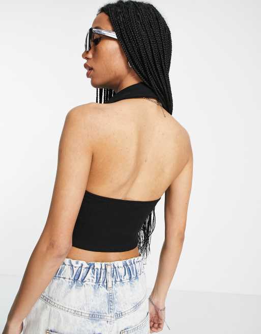 Bershka – Czarny krótki top z kołnierzykiem i guzikami, 4 z 4