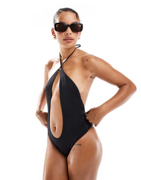 Bershka – Czarny strój kąpielowy z dekoltem typu halter i wycięciem - view 1