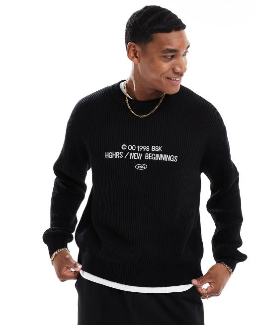 Bershka – Czarny sweter z prążkowanej dzianiny z grafiką z przodu