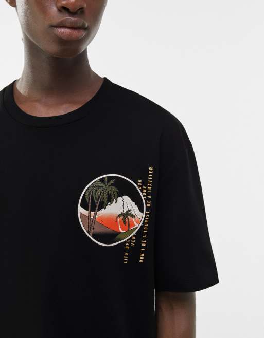 Bershka – Czarny T-shirt oversize z nadrukiem „Singapore” na plecach, 3 z 4