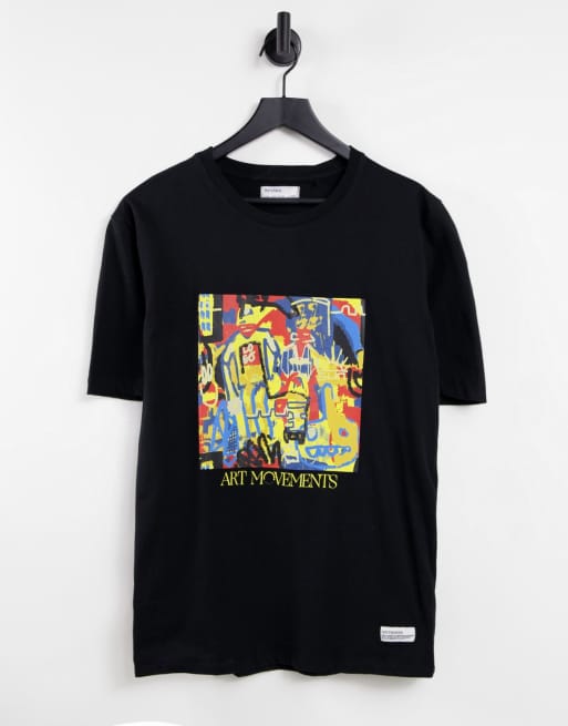 Bershka – Czarny T-shirt z artystycznym nadrukiem