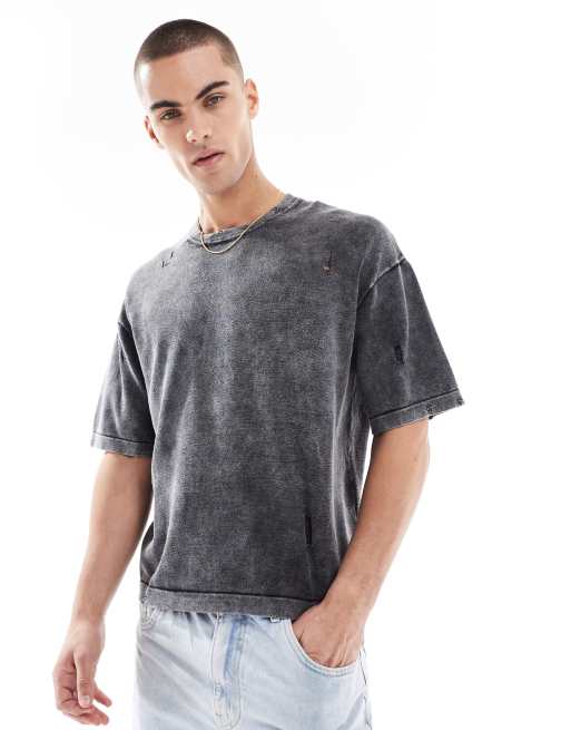 Bershka – Czarny T-shirt z dzianiny z efektem sprania