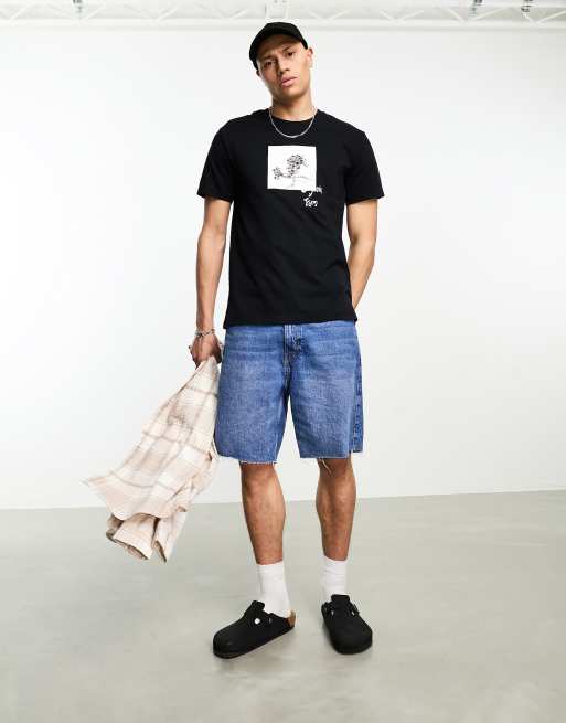 Bershka – Czarny T-shirt z kwiatowym wzorem w ramce , 4 z 4