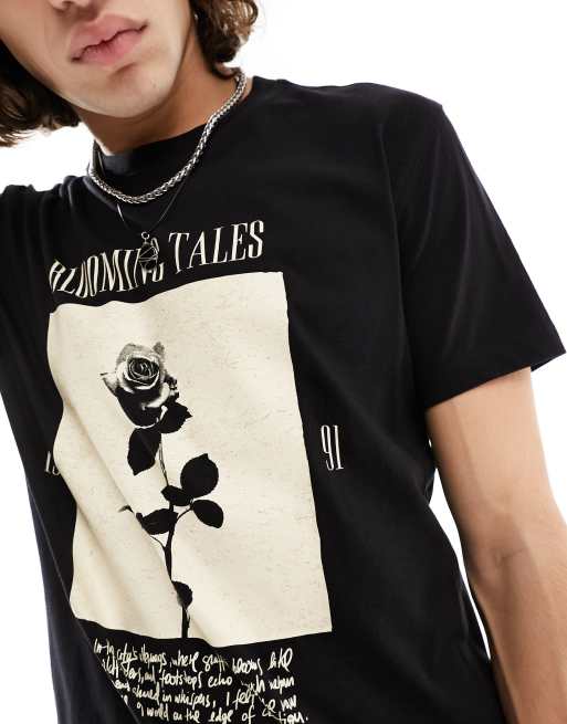 Bershka – Czarny T-shirt z kwiatowym wzorem w ramce