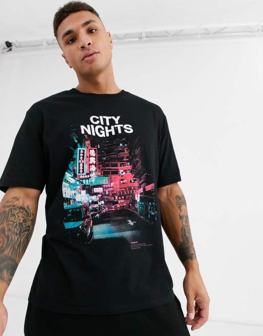 Bershka – Czarny t-shirt z motywem miejskich świateł