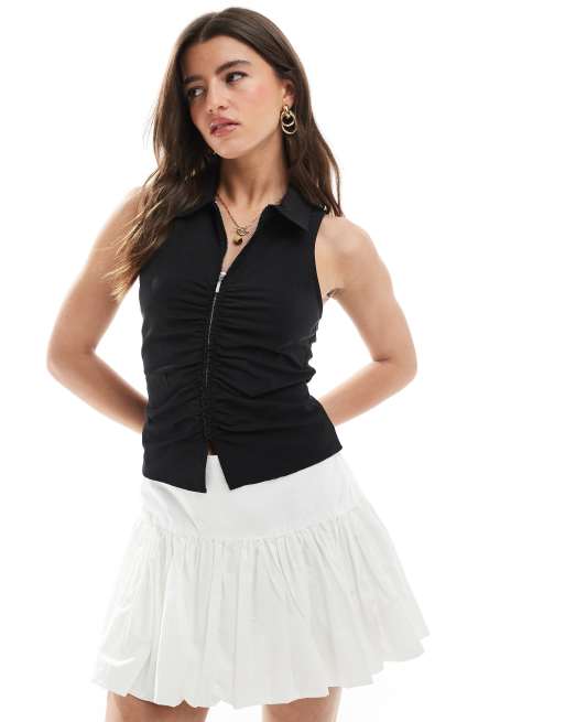 Bershka – Czarny top z bengaliny z zapięciem na zamek z przodu