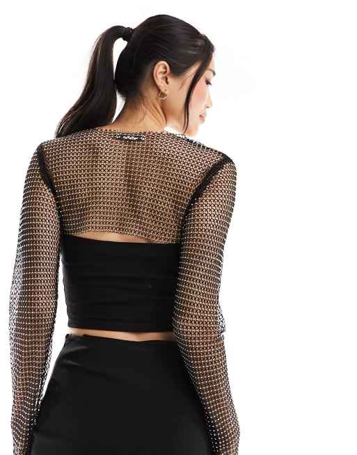 Bershka – Czarny top ze zdobionej siateczki, 4 z 4