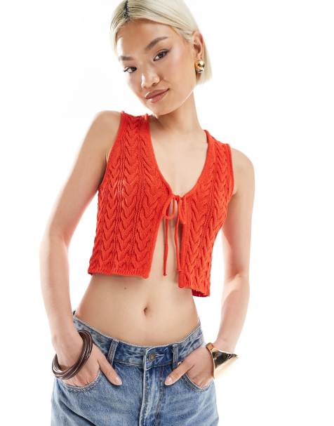 Bershka tie front knitted waistcoat in red