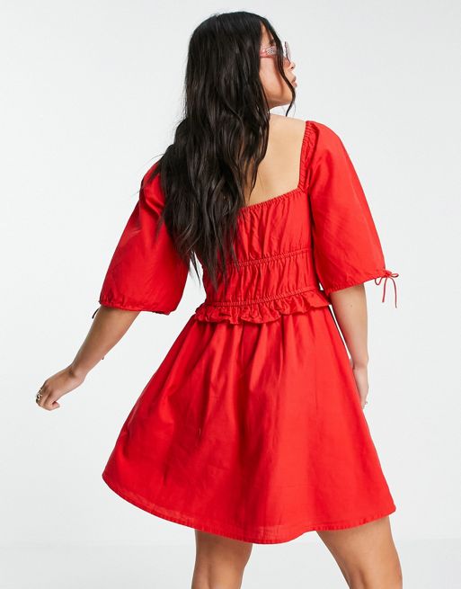 Bershka – Czerwona lniana sukienka mini typu milkmaid | ASOS