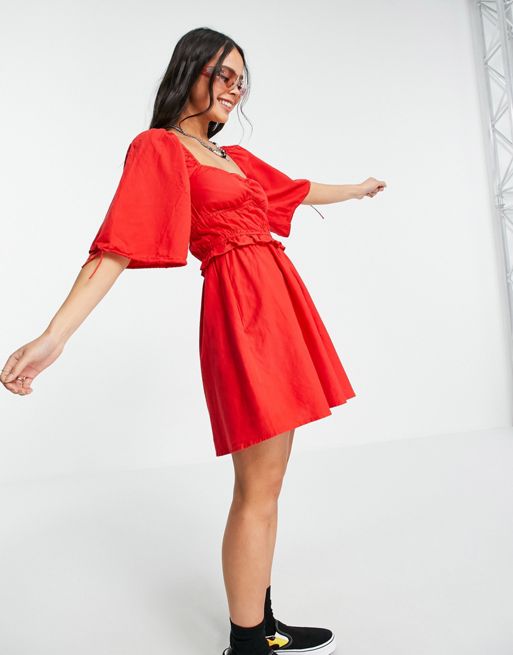 Bershka – Czerwona lniana sukienka mini typu milkmaid | ASOS